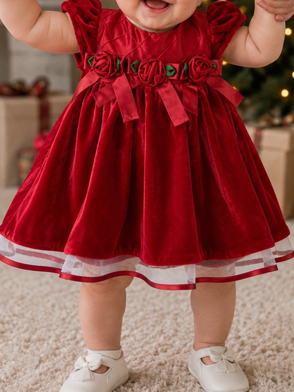 Bonnie Baby Red Velvet Baby Dress with Rosette Trim SZ 3/6months EUC